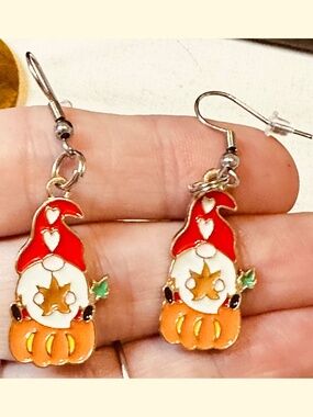 Handmade Fall Gnome Pumpkin Earrings Halloween Enamel Stainless Steel Hooks 1.8”